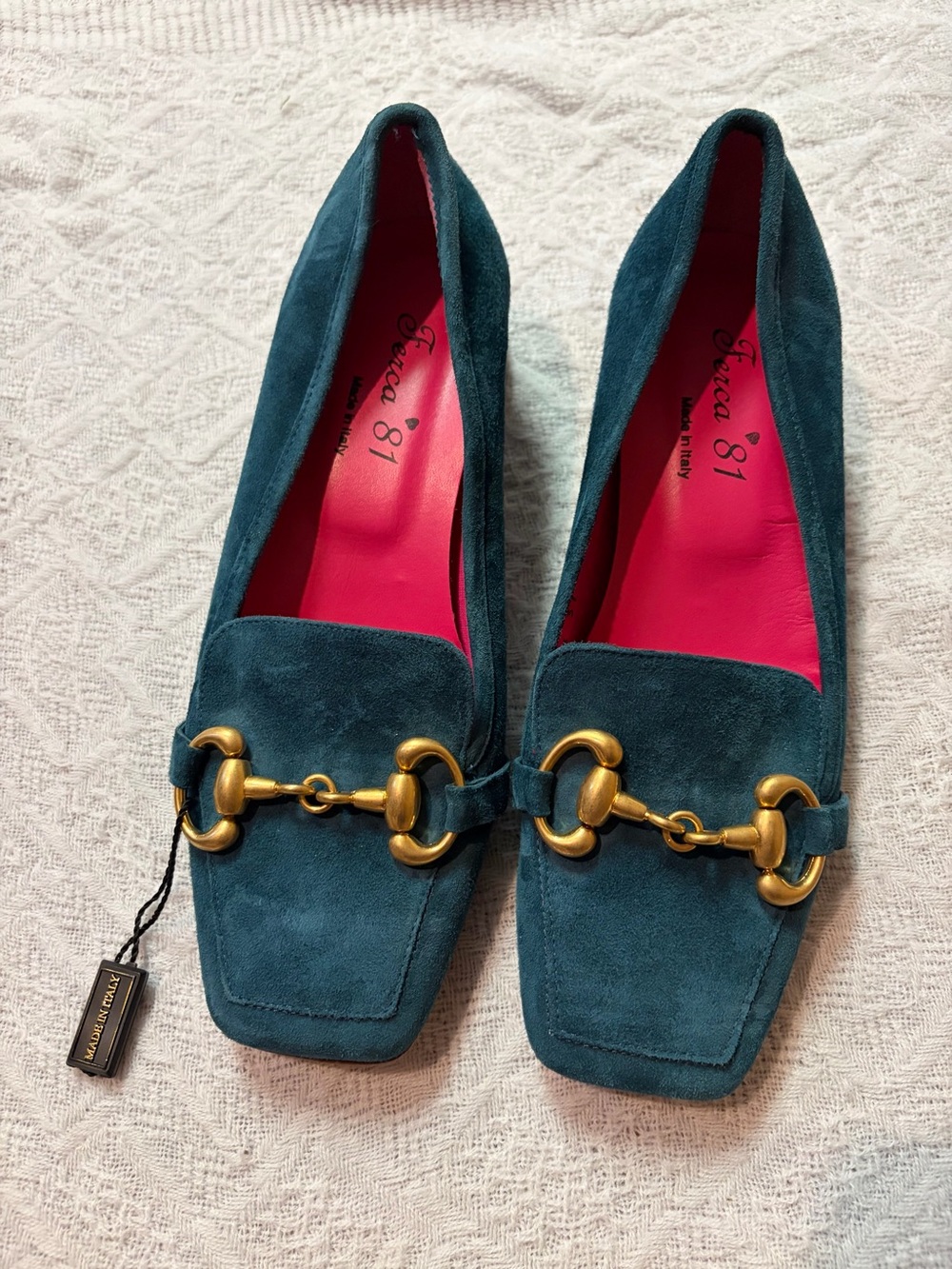 Ferca 81 teal suede loafers with gold buckle